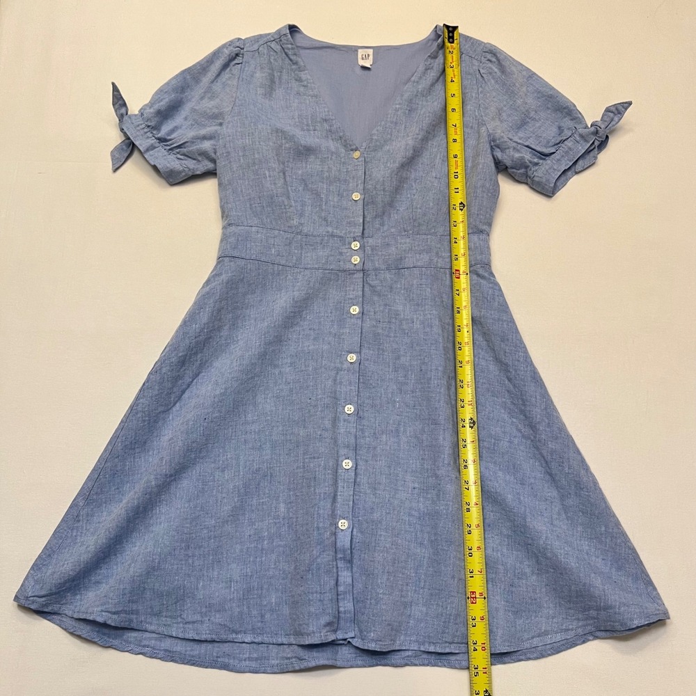 Gap Blue Linen Blend Button Front Puff Sleeve Tie Cuff Fit Flare Dress Size 8 - Picture 4 of 9